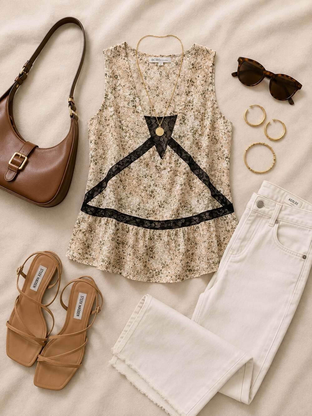 BCBG Generation Floral Lace Trim Peplum Tank Top